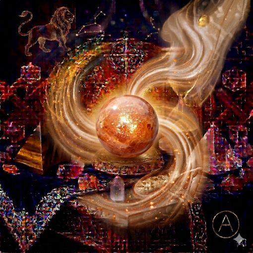  Kadim, oyma desenli koyu ahşap bir masanın üzerinde, altın işlemeli derin lacivert kadife bir örtünün tam ortasında duran, Güneş Taşı (Sunstone) kristalinin karakteristik sıcak turuncu, altın sarısı ve bakır tonlarını barındıran, pürüzsüz ve parlatılmış bir 'Canlılık Küresi'. Kürenin içinde, aventurescence etkisiyle oluşan metalik bakır ve hematit pullarının yarattığı içten gelen parıltılar ve kıvılcım benzeri yansımalar dikkat çekiyor. Kürenin kalbinden yükselen, mistik bir tütsü dumanı gibi zarifçe kıvrılan parlak turuncu, altın sarısı ve kıvılcımlı mistik enerji hüzmeleri, hemen arkasındaki antik cam kumsaatiyle bütünleşiyor. Kumsaatinin içinden akan altın yaldızlı kumlar, bu yaşam enerjisi, neşe ve özgüveni temsil eden ateşli akışla sarmalanmış. Masanın solunda şeffaf kristal kuvars piramitleri ve altın parıltılı kaplan gözü kütleleri, sağında ise ham ametist parçaları dağınık bir mistik kompozisyon oluşturuyor. Sol üst köşede görkemli, parıldayan altın bir Aslan burcu sembolü ve arka planda altın yıldız haritaları kozmik bir atmosfer yaratıyor. Sağ alt köşede, zarif bir altın stant üzerinde duran bu özel Güneş Taşı küresinin önünde dairesel, minimalist, zarif bir dijital AI sanat imza sembolü (A) ve markanın lüks estetiği entegre edilmiş. Görsel, profesyonel sinematik ışıklandırma ve derin bokeh efekti ile mistik ve sofistike bir 'yaşayan tablo' atmosferine sahip, 1024x1024 kare formatında bir dijital sanat çalışması. Bu görsel, 'Mistik Zaman Masası: Güneşin Zaferi'nin imza eseridir.