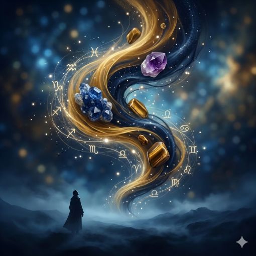  Derin lacivert bir atmosferde, altın sarısı enerji akışlarının sarmaladığı doğal kristallerin ve burç sembollerinin yükseldiği; alt kısımda evreni izleyen gizemli bir silüetin yer aldığı mistik ve lüks estetiğe sahip dijital sanat çalışması.