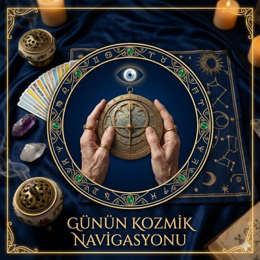 Mistik Fal Dünyası Günün Kozmik Navigasyonu; altın usturlap tutan eller ve astrolojik sembollerle günlük kozmik yol haritası.