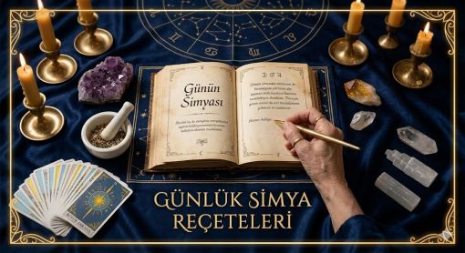  Mistik Fal D&uuml;nyası G&uuml;nl&uuml;k Simya Re&ccedil;eteleri; lacivert kadife &uuml;zerinde a&ccedil;ık bir kadim kitap, astrolojik semboller, doğal taşlar ve tarot kartları ile spirit&uuml;el &ccedil;alışma masası.