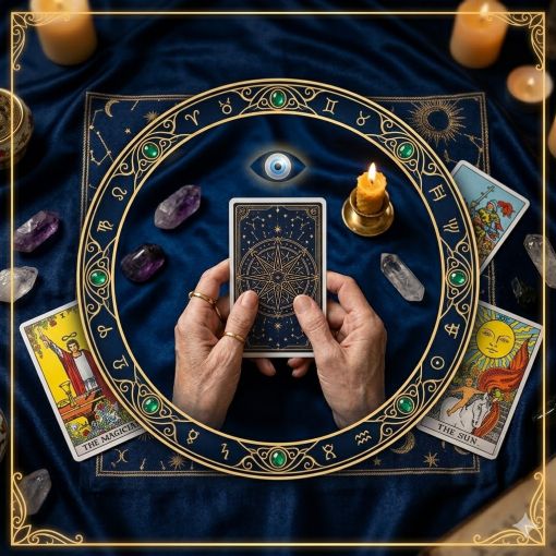  Mistik Fal D&uuml;nyası G&uuml;n&uuml;n Tarot Rehberliği g&ouml;rseli; lacivert zemin &uuml;zerinde altın işlemeli bir daire i&ccedil;inde tarot kartı tutan eller, kristaller ve koruyucu g&ouml;z sembol&uuml;.