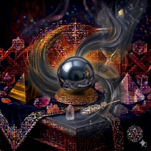  Kadim, oyma desenli koyu ahşap bir masanın üzerinde, altın işlemeli derin lacivert kadife bir örtünün tam ortasında duran, Hematit (Hematite) kristalinin karakteristik metalik gri-siyah, aynalı ve pürüzsüz yapısını barındıran, ışığı yansıtarak soğuk bir çelik parlaklığı veren, opak bir 'İrade Küresi'. Kürenin metalik yapısından yükselen, mistik bir tütsü dumanı gibi zarifçe kıvrılan gümüşi çelik grisi ve koyu dumanlı mistik enerji hüzmeleri, hemen arkasındaki antik cam kumsaatiyle bütünleşiyor. Kumsaatinin içinden akan altın yaldızlı kumlar, bu zihin berraklığı, odaklanma ve irade sağlayan güçlü enerji akışıyla sarmalanmış. Masanın solunda şeffaf kristal kuvars piramitleri ve ham kaplan gözü kütleleri, sağında ise ham ametist ve kuvars parçaları dağınık bir mistik kompozisyon oluşturuyor. Arka planda tüten mistik tütsüler, parıldayan altın yıldız haritası detayları, astrolojik semboller ve karmaşık geometrik enerji desenleriyle bütünleşerek kozmik bir atmosfer yaratıyor. Sağ alt köşede, zarif bir altın stant üzerinde duran bu özel Hematit küresinin önünde dairesel, minimalist, zarif bir dijital AI sanat imza sembolü (A) ve markanın lüks estetiği entegre edilmiş. Görsel, profesyonel sinematik ışıklandırma ve derin bokeh efekti ile mistik ve sofistike bir 'yaşayan tablo' atmosferine sahip, 1024x1024 kare formatında bir dijital sanat çalışması. Bu görsel, 'Mistik Zaman Masası: Hematit Odağı'nın imza eseridir.