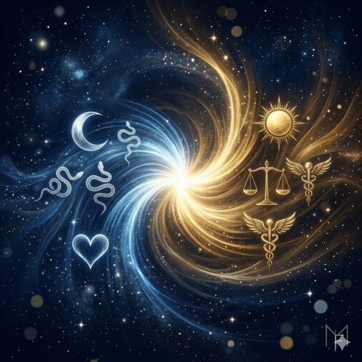 A kozmik bir fon üzerinde, birbirine dolanan lacivert ve altın sarısı enerji akışlarını gösteren büyüleyici bir illüstrasyon. Bu mistik atmosferde, terazi, yılanlar, ay ve güneş simgeleri, kalpler ve kanatlı asalar gibi çeşitli tarot ve sembolik işaretler parlıyor. Yıldızlarla dolu bir gökyüzü ve galaksi tozları kompozisyonu tamamlıyor.