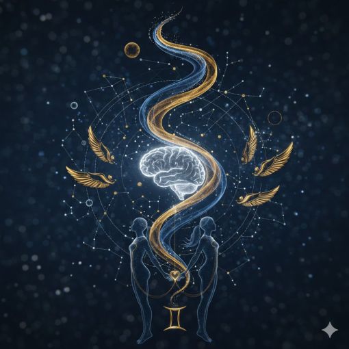 Galaktik bir arka planda zekayı simgeleyen parlayan beyin figürü, kanatlı ruhlar ve İkizler burcunun dualitesini temsil eden estetik astroloji illüstrasyonu.