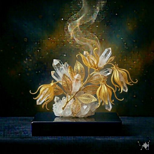  Mistik Sanat Mimarı tasarımı: Saf kristal kuvars kümesi üzerinde yükselen, altın filigran işçilikli ve karakteristik kıvrımlı yapraklarıyla Ilang Ilang heykeli; içsel huzuru simgeleyen altın duman detaylı.