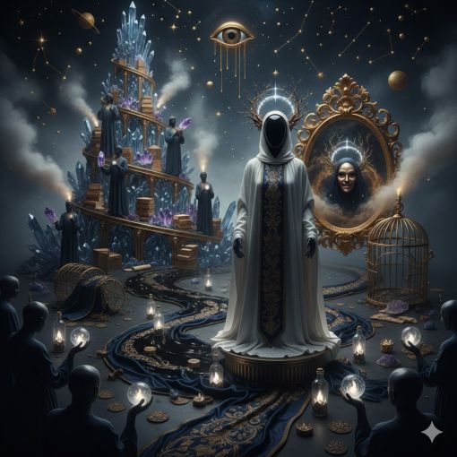 Lacivert ve altın tonlarında spiritüel sembollerle bezeli bir atmosferde, altın maske takmış bir figürün aynadaki yansıması; kristaller, kitaplar ve 