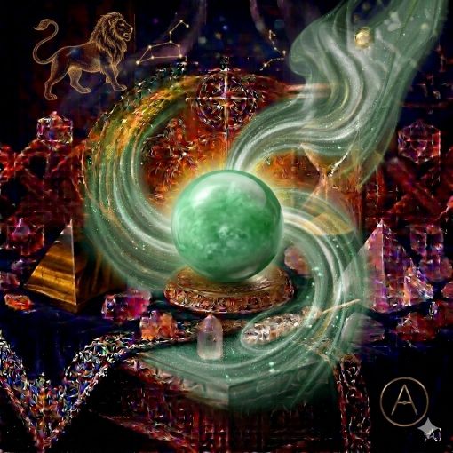  Kadim, oyma desenli koyu ahşap bir masanın üzerinde, altın işlemeli derin lacivert kadife bir örtünün tam ortasında duran, pürüzsüz ve mumsu bir parlaklığa sahip, opak, sütlü zümrüt yeşili tonlarında kadim bir Yeşim (Jade) 'Bolluk Küresi'. Kürenin huzurlu yapısından yükselen, mistik bir tütsü dumanı gibi zarifçe kıvrılan yumuşak yeşil ve gümüşi parıltılı mistik enerji hüzmeleri, hemen arkasındaki antik cam kumsaatiyle bütünleşiyor. Kumsaatinin içinden akan altın yaldızlı kumlar, bu şans, bilgelik, sağlık ve ebedi bolluğu temsil eden güçlü enerji akışıyla sarmalanmış. Masanın solunda şeffaf kristal kuvars piramitleri ve ham kaplan gözü kütleleri, sağında ise ham ametist ve kuvars parçaları dagınık bir mistik kompozisyon oluşturuyor. Arka planda tüten mistik tütsüler, parıldayan altın yıldız haritası detayları, astrolojik semboller ve karmaşık geometrik enerji desenleriyle bütünleşerek kozmik bir atmosfer yaratıyor. Sağ alt köşede, zarif bir altın stant üzerinde duran bu özel Yeşim küresinin önünde dairesel, minimalist, zarif bir dijital AI sanat imza sembolü (A) ve markanın lüks estetiği entegre edilmiş. Görsel, profesyonel sinematik ışıklandırma ve derin bokeh efekti ile mistik ve sofistike bir 'yaşayan tablo' atmosferine sahip, 1024x1024 kare formatında bir dijital sanat çalışması. Bu görsel, 'Mistik Zaman Masası: Yeşim Bilgeliği'nin imza eseridir.