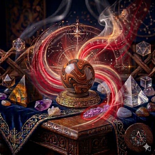  Kadim, oyma desenli koyu ahşap bir masanın üzerinde, altın işlemeli derin lacivert kadife bir örtünün tam ortasında duran, yoğun kiremit kırmızısı, yanık turuncu ve kömür karası ebru desenlerine sahip, parlatılmış mistik bir Jasper (Jasp) doğaltaşı küresi. Jasper küresinin volkanik ve topraksı dokusundan, mistik ve dumanlı kızıl, kehribar ve pas rengi bir enerji hüzmesi yükselerek hemen arkasındaki antik kumsaatiyle bütünleşiyor. Kumsaatinin içinden akan altın yaldızlı kumlar, bu yoğun ve koruyucu enerji akışıyla sarmalanmış. Masanın solunda şeffaf kristal kuvars piramitleri ve ham Kaplan Gözü kütleleri, sağında ham Ametist kristal kümeleri ve Agat taşları dağınık bir mistik kompozisyon oluşturuyor. Arka planda tüten mistik tütsülerden yükselen dumanlar, parıldayan altın yıldız haritası detayları, astrolojik semboller ve karmaşık geometrik enerji desenleriyle bütünleşerek kozmik bir atmosfer yaratıyor. Sağ alt köşede, zarif bir altın stant üzerinde duran parlatılmış Jasper küresinin önünde dairesel, minimalist, zarif bir dijital AI sanat imza sembolü (A) ve markanın lüks estetiği entegre edilmiş. Görsel, profesyonel sinematik ışıklandırma ve derin bokeh efekti ile mistik ve sofistike bir 'yaşayan tablo' atmosferine sahip, 1024x1024 kare formatında bir dijital sanat çalışması. Bu görsel, 'Mistik Zaman Masası: Jasper Serisi'nin imza eseridir.