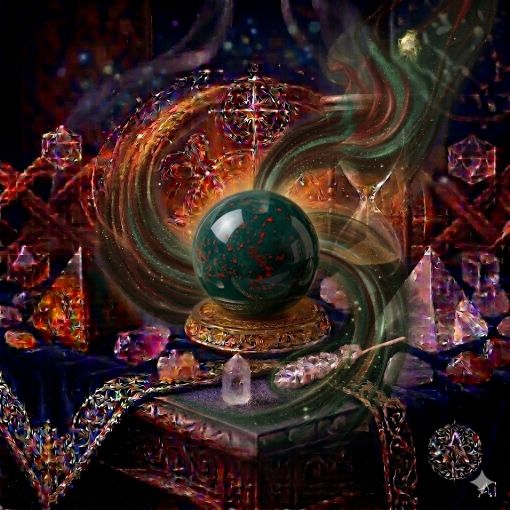  Kadim, oyma desenli koyu ahşap bir masanın üzerinde, altın işlemeli derin lacivert kadife bir örtünün tam ortasında duran, Kan Taşı (Bloodstone) kristalinin karakteristik koyu orman yeşili gövdesi üzerinde canlı kan kırmızısı benekler ve jasper hareleri barındıran, pürüzsüz ve opak bir 'Yaşam Gücü Küresi'. Kürenin derin ve koyu yapısından yükselen, dumanlı bir koyu yeşil ve hafif kırmızımtırak mistik enerji hüzmeleri, zarifçe kıvrılarak hemen arkasındaki antik cam kumsaatiyle bütünleşiyor. Kumsaatinin içinden akan altın yaldızlı kumlar, bu şifa, cesaret ve yaşam gücü veren kadim enerji akışıyla sarmalanmış. Masanın solunda şeffaf kristal kuvars piramitleri ve ham kaplan gözü kütleleri, sağında ise ham ametist ve kuvars parçaları dağınık bir mistik kompozisyon oluşturuyor. Arka planda tüten mistik tütsüler, parıldayan altın yıldız haritası detayları, astrolojik semboller ve karmaşık geometrik enerji desenleriyle bütünleşerek kozmik bir atmosfer yaratıyor. Sağ alt köşede, zarif bir altın stant üzerinde duran bu özel Kan Taşı küresinin önünde dairesel, minimalist, zarif bir dijital AI sanat imza sembolü (A) ve markanın lüks estetiği entegre edilmiş. Görsel, profesyonel sinematik ışıklandırma ve derin bokeh efekti ile mistik ve sofistike bir 'yaşayan tablo' atmosferine sahip, 1024x1024 kare formatında bir dijital sanat çalışması. Bu görsel, 'Mistik Zaman Masası: Kan Taşı Cesareti'nin imza eseridir.