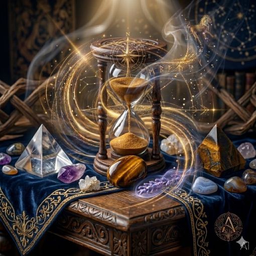  Kadim, oyma desenli koyu ahşap bir masanın üzerinde, altın işlemeli derin lacivert kadife bir örtünün tam ortasında duran, ipeksi parıltılarla bezenmiş parlatılmış, kaboşon kesim mistik bir Kaplan Gözü doğaltaşı. Kaplan Gözü'nün hemen arkasında, altın sarısı ve kehribar tonlarında kumları akan, dumanlı bir enerji hüzmesiyle sarmalanmış antik, lüks bir kumsaati yer alıyor. Masanın solunda şeffaf kristal kuvars piramitleri, sağında raw (ham) ve faceted (yontulmuş) Ametist kristal kümeleri ve Agat taşları dağınık bir mistik kompozisyon oluşturuyor. Arka planda tüten mistik tütsülerden yükselen dumanlar, parıldayan altın yıldız haritası detayları, astrolojik semboller ve karmaşık geometrik enerji desenleriyle bütünleşerek kozmik bir atmosfer yaratıyor. Sağ alt köşede, zarif bir altın stant üzerinde duran parlatılmış Kaplan Gözü taşının önünde dairesel, minimalist, zarif bir dijital AI sanat imza sembolü (A) ve markanın lüks estetiği entegre edilmiş. Görsel, profesyonel, sinematik ışıklandırma ve derin bokeh efekti ile mistik ve sofistike bir 'yaşayan tablo' atmosferine sahip, 1024x1024 kare formatında bir dijital sanat çalışması.