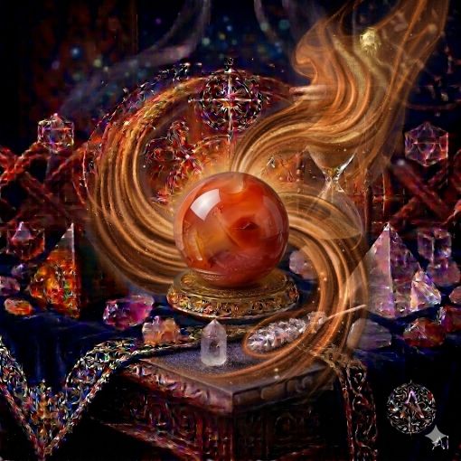  Kadim, oyma desenli koyu ahşap bir masanın üzerinde, altın işlemeli derin lacivert kadife bir örtünün tam ortasında duran, Karnelyan (Carnelian) kristalinin karakteristik sıcak turuncu, kehribar ve ateş kırmızısı tonlarını barındıran, pürüzsüz ve yarı saydam bir 'Canlılık Küresi'. Kürenin içindeki sıcak renk geçişlerinden yükselen, mistik bir tütsü dumanı gibi zarifçe kıvrılan turuncu ve gümüşi mistik enerji hüzmeleri, hemen arkasındaki antik cam kumsaatiyle bütünleşiyor. Kumsaatinin içinden akan altın yaldızlı kumlar, bu canlılık, tutku ve yaratıcılık enerjisiyle sarmalanmış. Masanın solunda şeffaf kristal kuvars piramitleri ve ham kaplan gözü kütleleri, sağında ise ham ametist ve kuvars parçaları dağınık bir mistik kompozisyon oluşturuyor. Arka planda tüten mistik tütsüler, parıldayan altın yıldız haritası detayları, astrolojik semboller ve karmaşık geometrik enerji desenleriyle bütünleşerek kozmik bir atmosfer yaratıyor. Sağ alt köşede, zarif bir altın stant üzerinde duran bu özel Karnelyan küresinin önünde dairesel, minimalist, zarif bir dijital AI sanat imza sembolü (A) ve markanın lüks estetiği entegre edilmiş. Görsel, profesyonel sinematik ışıklandırma ve derin bokeh efekti ile mistik ve sofistike bir 'yaşayan tablo' atmosferine sahip, 1024x1024 kare formatında bir dijital sanat çalışması. Bu görsel, 'Mistik Zaman Masası: Karnelyan Ruhu'nun imza eseridir.