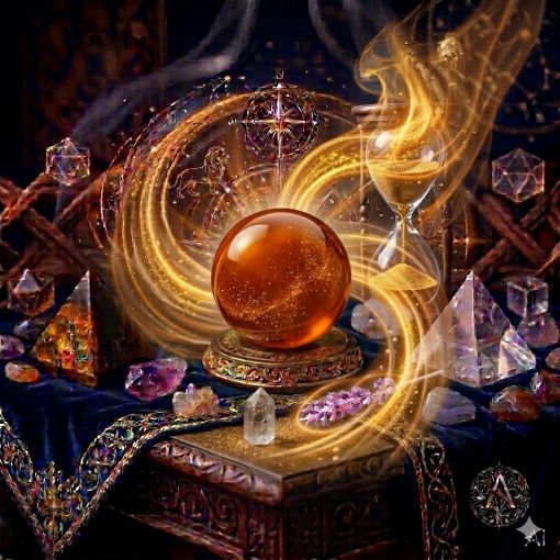  Kadim, oyma desenli koyu ahşap bir masanın üzerinde, altın işlemeli derin lacivert kadife bir örtünün tam ortasında duran, ayna gibi pürüzsüz ve opak bir yüzeye sahip, canlı turuncu, yanık karamel ve koyu bal tonlarının iç içe geçtiği polimer bir 'Turuncu Işın' küresi. Kürenin berrak ve pürüzsüz yapısından, mistik bir tütsü dumanı gibi zarifçe kıvrılan yoğun dumanlı turuncu ve gümüşi bir sis bulutu yükselerek hemen arkasındaki antik kumsaatiyle bütünleşiyor. Kumsaatinin içinden akan altın yaldızlı kumlar, bu canlı ve enerjik turuncu enerji akışıyla sarmalanmış. Masanın solunda şeffaf kristal kuvars piramitleri ve ham kaplan gözü kütleleri, sağında ise ham ametist ve kuvars parçaları dağınık bir mistik kompozisyon oluşturuyor. Arka planda tüten mistik tütsüler, parıldayan altın yıldız haritası detayları, astrolojik semboller ve karmaşık geometrik enerji desenleriyle bütünleşerek kozmik bir atmosfer yaratıyor. Sağ alt köşede, zarif bir altın stant üzerinde duran bu özel turuncu kürenin önünde dairesel, minimalist, zarif bir dijital AI sanat imza sembolü (A) ve markanın lüks estetiği entegre edilmiş. Görsel, profesyonel sinematik ışıklandırma ve derin bokeh efekti ile mistik ve sofistike bir 'yaşayan tablo' atmosferine sahip, 1024x1024 kare formatında bir dijital sanat çalışması. Bu görsel, 'Mistik Zaman Masası: Polimer Ritm'in imza eseridir.