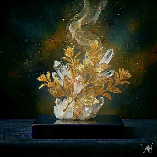  Mistik Sanat Mimarı tasarımı: Saf kristal kuvars kümesi üzerinde yükselen, altın filigran işçilikli narin Kekik (Thyme) dalları ve minik yaprak heykeli; cesaret ve arınmayı simgeleyen altın duman detaylı