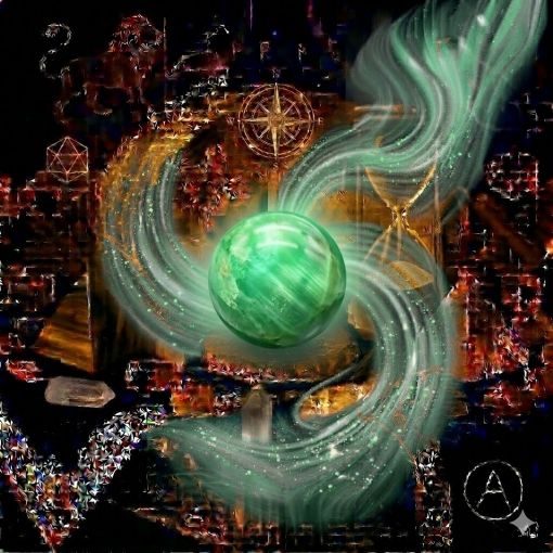 Kadim, oyma desenli koyu ahşap bir masanın üzerinde, altın işlemeli derin lacivert kadife bir örtünün tam ortasında duran, Krizopras (Chrysoprase) kristalinden yapılmış, karakteristik canlı elma yeşili, nane yeşili ve açık zümrüt tonlarında, yarı saydam ve mumsu bir parlaklığa sahip 'Umut Küresi'. Kürenin taze yeşil gövdesinden yükselen, mistik bir tütsü dumanı gibi zarifçe kıvrılan ipeksi nane yeşili, parlak limon sarısı ve gümüşi beyaz mistik enerji hüzmeleri, hemen arkasındaki antik cam kumsaatiyle bütünleşiyor. Kumsaatinin içinden akan altın yaldızlı kumlar, bu kalp ferahlığını, iyimserliği ve ruhsal yenilenmeyi temsil eden canlı akışla sarmalanmış. Masanın solunda şeffaf kristal kuvars piramitleri ve altın parıltılı kaplan gözü kütleleri, sağında ise ham ametist parçaları dağınık bir mistik kompozisyon oluşturuyor. Sol üst köşede parıldayan altın bir Aslan burcu sembolü ve arka planda altın yıldız haritaları kozmik bir atmosfer yaratıyor. Sağ alt köşede, zarif bir altın stant üzerinde duran bu özel Krizopras küresinin önünde dairesel, minimalist, zarif bir dijital AI sanat imza sembolü (A) ve markanın lüks estetiği entegre edilmiş. Görsel, profesyonel sinematik ışıklandırma ve derin bokeh efekti ile mistik, taze, enerjik ve sofistike bir 'yaşayan tablo' atmosferine sahip, 1024x1024 kare formatında bir dijital sanat çalışması. Bu görsel, 'Mistik Zaman Masası: Krizopras Umudu'nun imza eseridir.