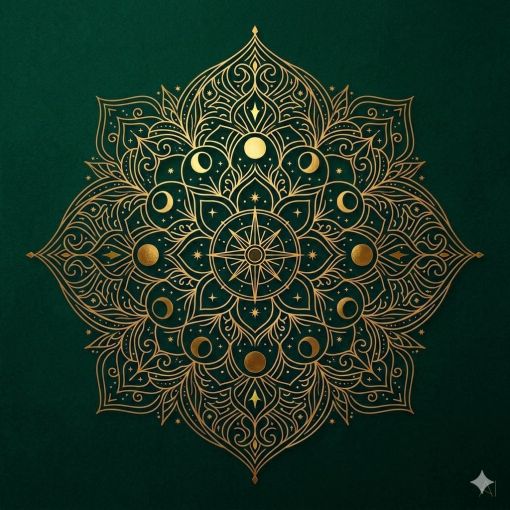  Mistik Fal Dünyası Tarot Tılsım Serisi Kapak Görseli: Toprak Elementini Temsil Eden Zümrüt Yeşili Zemin Üzerine Altın Varaklı Mistisizm Mandala Tasarımı