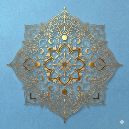  Mistik Fal Dünyası Tarot Kupa Serisi Kapak Görseli: Su Elementini Temsil Eden Gök Mavisi Zemin Üzerine Altın Varaklı Mistisizm Mandala Tasarımı