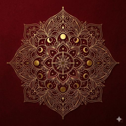  Mistik Fal Dünyası Tarot Değnek Serisi Kapak Görseli: Ateş Elementini Temsil Eden Kırmızı Zemin Üzerine Altın Varaklı Mistisizm Mandala Tasarımı