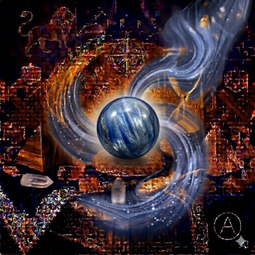  Kadim, oyma desenli koyu ahşap bir masanın üzerinde, altın işlemeli derin lacivert kadife bir örtünün tam ortasında duran, Kyanit (Kyanite) kristalinden yapılmış, karakteristik derin safir mavisi, çivit mavisi ve metalik gri parıltılı tonlarında, ipeksi, dikey çizgili ve kristalize bir dokuya sahip 'Hizalanma Küresi'. Kürenin asil mavi gövdesinden yükselen, mistik bir tütsü dumanı gibi zarifçe kıvrılan ipeksi safir mavisi, indigo ve gümüşi beyaz mistik enerji hüzmeleri, hemen arkasındaki antik cam kumsaatiyle bütünleşiyor. Kumsaatinin içinden akan altın yaldızlı kumlar, bu sezgisel iletişim, zihinsel berraklık ve ruhsal hizalanmayı temsil eden odaklı akışla sarmalanmış. Masanın solunda şeffaf kristal kuvars piramitleri ve altın parıltılı kaplan gözü kütleleri, sağında ise ham ametist parçaları dağınık bir mistik kompozisyon oluşturuyor. Sol üst köşede parıldayan altın bir Aslan burcu sembolü ve arka planda altın yıldız haritaları kozmik bir atmosfer yaratıyor. Sağ alt köşede, zarif bir altın stant üzerinde duran bu özel Kyanit küresinin önünde dairesel, minimalist, zarif bir dijital AI sanat imza sembolü (A) ve markanın lüks estetiği entegre edilmiş. Görsel, profesyonel sinematik ışıklandırma ve derin bokeh efekti ile mistik ve sofistike bir 'yaşayan tablo' atmosferine sahip, 1024x1024 kare formatında bir dijital sanat çalışması. Bu görsel, 'Mistik Zaman Masası: Kyanit Odaklanması'nin imza eseridir.