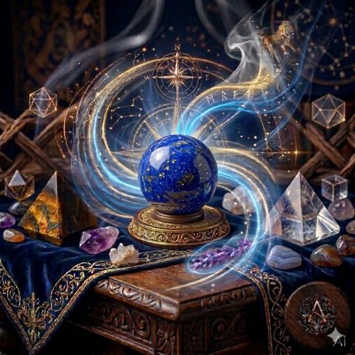  Kadim, oyma desenli koyu ahşap bir masanın üzerinde, altın işlemeli derin lacivert kadife bir örtünün tam ortasında duran, üzerinde glittering (parıldayan) altın sarısı pirit tanecikleri ve ince beyaz kalsit damarları barındıran yoğun gece mavisi renginde parlatılmış mistik bir Lapis Lazuli doğaltaşı küresi. Lapis Lazuli küresinin 'yıldızlı gökyüzü' benzeri kozmik dokusundan, mistik ve dumanlı elektrik mavisi ve altın rengi bir enerji hüzmesi yükselerek hemen arkasındaki antik kumsaatiyle bütünleşiyor. Kumsaatinin içinden akan altın yaldızlı kumlar, dumanlı enerjiyle sarmalanmış. Masanın solunda şeffaf kristal kuvars piramitleri ve raw (ham) Kaplan Gözü kristal kütleleri, sağında Faceted (yontulmuş) Agat taşları ve Ametist kristalleri dağınık bir mistik kompozisyon oluşturuyor. Arka planda tüten mistik tütsülerden yükselen dumanlar, parıldayan altın yıldız haritası detayları, astrolojik semboller ve karmaşık geometrik enerji desenleriyle bütünleşerek kozmik bir atmosfer yaratıyor. Sağ alt köşede, zarif bir altın stant üzerinde duran parlatılmış Lapis Lazuli küresinin önünde dairesel, minimalist, zarif bir dijital AI sanat imza sembolü (A) ve markanın lüks estetiği entegre edilmiş. Görsel, profesyonel, sinematik ışıklandırma ve derin bokeh efekti ile mistik ve sofistike bir 'yaşayan tablo' atmosferine sahip, 1024x1024 kare formatında bir dijital sanat çalışması. Bu görsel, 'Mistik Zaman Masası: Lapis Lazuli Serisi'nin imza eseridir.