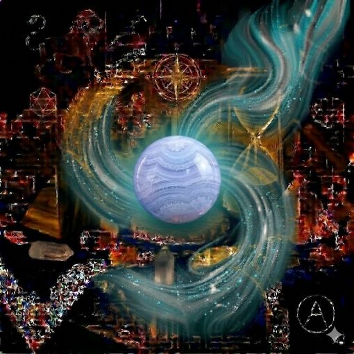  Kadim, oyma desenli koyu ahşap bir masanın üzerinde, altın işlemeli derin lacivert kadife bir örtünün tam ortasında duran, Mavi Agat (Blue Lace Agate) kristalinden yapılmış, karakteristik uçuk gök mavisi, lavanta mavisi ve nane yeşili tonlarında, üzerinde narin beyaz dantel benzeri paralel bantlar barındıran, yarı saydam ve mumsu bir parlaklığa sahip 'İfade Küresi'. Kürenin huzur veren mavi gövdesinden yükselen, mistik bir tütsü dumanı gibi zarifçe kıvrılan ipeksi turkuaz, nane yeşili ve gümüşi beyaz mistik enerji hüzmeleri, hemen arkasındaki antik cam kumsaatiyle bütünleşiyor. Kumsaatinin içinden akan altın yaldızlı kumlar, bu dürüst ifadeyi, sakinliği ve bilgeliği temsil eden akışla sarmalanmış. Masanın solunda şeffaf kristal kuvars piramitleri ve altın parıltılı kaplan gözü kütleleri, sağında ise ham ametist parçaları dağınık bir mistik kompozisyon oluşturuyor. Sol üst köşede parıldayan altın bir Aslan burcu sembolü ve arka planda altın yıldız haritaları kozmik bir atmosfer yaratıyor. Sağ alt köşede, zarif bir altın stant üzerinde duran bu özel Mavi Agat küresinin önünde dairesel, minimalist, zarif bir dijital AI sanat imza sembolü (A) ve markanın lüks estetiği entegre edilmiş. Görsel, profesyonel sinematik ışıklandırma ve derin bokeh efekti ile mistik, rüya gibi ve sofistike bir 'yaşayan tablo' atmosferine sahip, 1024x1024 kare formatında bir dijital sanat çalışması. Bu görsel, 'Mistik Zaman Masası: Mavi Agat Huzuru'nun imza eseridir.