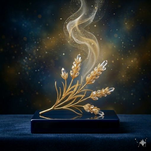  Altın kaplama Lavanta dekoratif obje, kristal kuvars detaylı spiritüel bitki tasarımı, mistik lacivert ve altın renk paleti, 1024x1024 kare dijital sanat görseli.