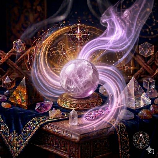  Kadim, oyma desenli koyu ahşap bir masanın üzerinde, altın işlemeli derin lacivert kadife bir örtünün tam ortasında duran, ipeksi lila ve lavanta tonlarında, yüzeyi pul pul katmanlı doğal dokular barındıran parlatılmış mistik bir Lepidolit (Lepidolite) kristal küresi. Lepidolit küresinin narin ve katmanlı yapısından, mistik ve dumanlı yumuşak eflatun, lavanta ve gümüşi bir enerji hüzmesi yükselerek hemen arkasındaki antik kumsaatiyle bütünleşiyor. Kumsaatinin içinden akan altın yaldızlı kumlar, bu dingin ve ruhu dinlendiren enerji akışıyla sarmalanmış. Masanın solunda şeffaf kristal kuvars piramitleri ve ham Kaplan Gözü kütleleri, sağında ham Ametist kristal kümeleri ve Agat taşları dağınık bir mistik kompozisyon oluşturuyor. Arka planda tüten mistik tütsülerden yükselen dumanlar, parıldayan altın yıldız haritası detayları, astrolojik semboller ve karmaşık geometrik enerji desenleriyle bütünleşerek kozmik bir atmosfer yaratıyor. Sağ alt köşede, zarif bir altın stant üzerinde duran parlatılmış Lepidolit küresinin önünde dairesel, minimalist, zarif bir dijital AI sanat imza sembolü (A) ve markanın lüks estetiği entegre edilmiş. Görsel, profesyonel sinematik ışıklandırma ve derin bokeh efekti ile mistik ve sofistike bir 'yaşayan tablo' atmosferine sahip, 1024x1024 kare formatında bir dijital sanat çalışması. Bu görsel, 'Mistik Zaman Masası: Lepidolit Serisi'nin imza eseridir.