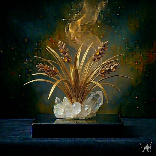  Mistik Sanat Mimarı tasarımı: Saf kristal kuvars kümesi içinden fışkıran, uzun ve narin kılıç formunda altın filigran yapraklardan oluşan bir demet Limon Otu (Lemongrass) heykeli; derin lacivert kaide üzerinde parlayan, üzerinden yükselen büyülü altın dumanıyla zihinsel netliği, taze enerjiyi ve spiritüel arınmayı temsil eden lüks dijital sanat eseri