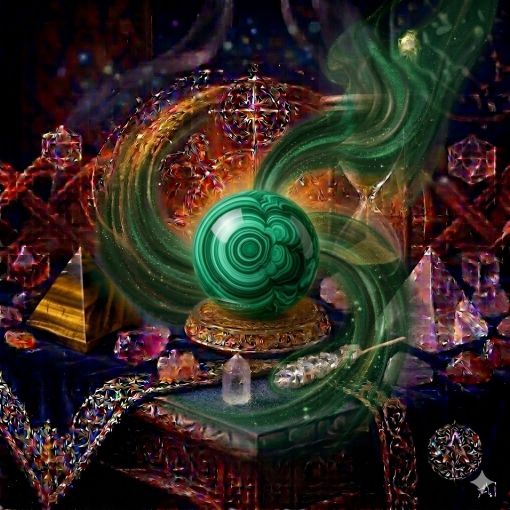  Kadim, oyma desenli koyu ahşap bir masanın üzerinde, altın işlemeli derin lacivert kadife bir örtünün tam ortasında duran, Malakit (Malachite) kristalinin karakteristik canlı zümrüt yeşili, orman yeşili ve açık yeşil bantlı, hipnotize edici dairesel hareler (hareli yeşil) ve concentric katmanlar barındıran, pürüzsüz ve opak bir 'Koruma Küresi'. Kürenin derin ve hipnotik yapısından yükselen, mistik bir tütsü dumanı gibi zarifçe kıvrılan canlı zümrüt yeşili ve gümüşi mistik enerji hüzmeleri, hemen arkasındaki antik cam kumsaatiyle bütünleşiyor. Kumsaatinin içinden akan altın yaldızlı kumlar, bu şifa, kalp çakrası ve koruma sağlayan enerji akışıyla sarmalanmış. Masanın solunda şeffaf kristal kuvars piramitleri ve ham kaplan gözü kütleleri, sağında ise ham ametist ve kuvars parçaları dağınık bir mistik kompozisyon oluşturuyor. Arka planda tüten mistik tütsüler, parıldayan altın yıldız haritası detayları, astrolojik semboller ve karmaşık geometrik enerji desenleriyle bütünleşerek kozmik bir atmosfer yaratıyor. Sağ alt köşede, zarif bir altın stant üzerinde duran bu özel Malakit küresinin önünde dairesel, minimalist, zarif bir dijital AI sanat imza sembolü (A) ve markanın lüks estetiği entegre edilmiş. Görsel, profesyonel sinematik ışıklandırma ve derin bokeh efekti ile mistik ve sofistike bir 'yaşayan tablo' atmosferine sahip, 1024x1024 kare formatında bir dijital sanat çalışması. Bu görsel, 'Mistik Zaman Masası: Malakit Kalkanı'nın imza eseridir.