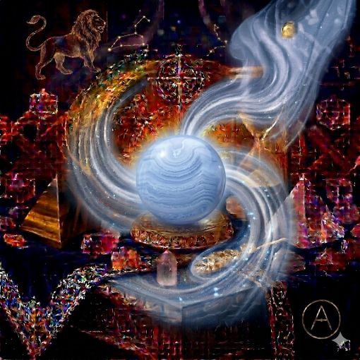  Kadim, oyma desenli koyu ahşap bir masanın üzerinde, altın işlemeli derin lacivert kadife bir örtünün tam ortasında duran, Mavi Dantel Akik (Blue Lace Agate) kristalinin karakteristik soluk gökyüzü mavisi ve süt beyazı yatay bantlar barındıran, yarı saydam ve pürüzsüz 'Huzur Küresi'. Kürenin narin katmanları, iç içe geçmiş dantel desenlerini andırıyor. Küreden yükselen, mistik bir tütsü dumanı gibi zarifçe kıvrılan buz mavisi ve gümüşi beyaz dumanlı mistik enerji hüzmeleri, hemen arkasındaki antik cam kumsaatiyle bütünleşiyor. Kumsaatinin içinden akan altın yaldızlı kumlar, bu dinginlik, sabır ve berrak ifadeyi temsil eden yumuşak akışla sarmalanmış. Masanın solunda şeffaf kristal kuvars piramitleri ve altın parıltılı kaplan gözü kütleleri, sağında ise ham ametist parçaları dağınık bir mistik kompozisyon oluşturuyor. Sol üst köşede altın bir Aslan burcu sembolü ve arka planda parıldayan yıldız haritaları kozmik bir atmosfer yaratıyor. Sağ alt köşede, zarif bir altın stant üzerinde duran bu özel Akik küresinin önünde dairesel, minimalist, zarif bir dijital AI sanat imza sembolü (A) ve markanın lüks estetiği entegre edilmiş. Görsel, profesyonel sinematik ışıklandırma ve derin bokeh efekti ile mistik ve sofistike bir 'yaşayan tablo' atmosferine sahip, 1024x1024 kare formatında bir dijital sanat çalışması. Bu görsel, 'Mistik Zaman Masası: Mavi Dantel Akik Dinginliği'nin imza eseridir.