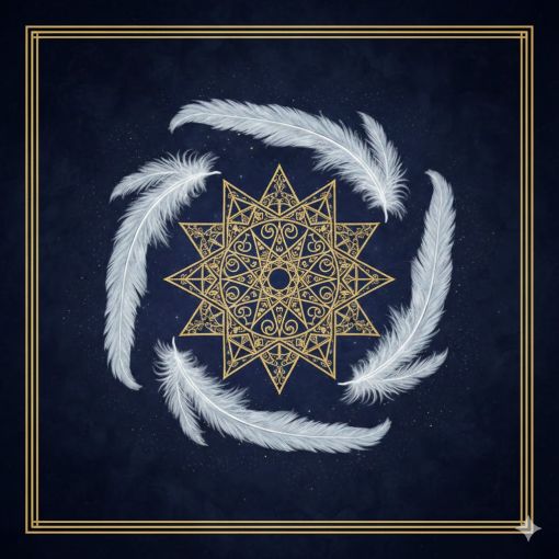  Koyu lacivert dokulu bir arka plan üzerinde, merkezde konumlanmış 12 köşeli altın filigran kutsal geometri mührü. Mührün etrafında dairesel bir form oluşturacak şekilde dizilmiş zarif beyaz melek tüyleri yer alıyor. Görselin kenarlarında ince, altın rengi, çok katmanlı bir çerçeve bulunuyor; mistik, ruhani ve simetrik bir tasarım.