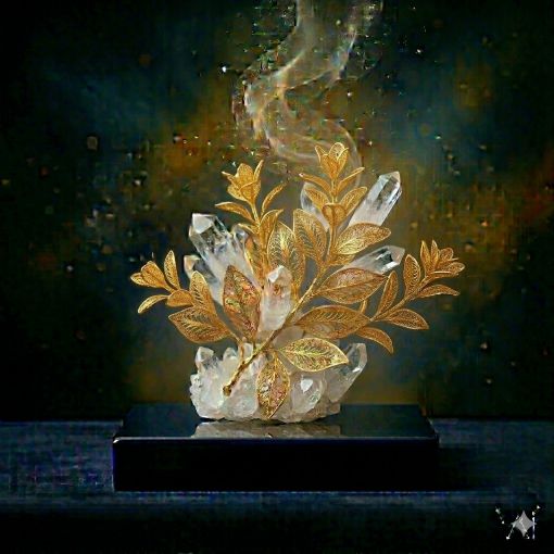  Mistik Sanat Mimarı tasarımı: Saf kristal kuvars kümesi üzerinde yükselen, ince altın filigran işçiliğiyle hayat bulmuş narin Melisa heykeli; derin lacivert kaide üzerinde parlayan ve üzerinden yükselen büyülü altın dumanıyla içsel huzur ve kalp şifasını temsil eden lüks dijital sanat eseri.