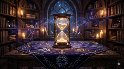 Antik bir kütüphane atmosferinde, koyu lacivert kadife örtülü süslemeli bir masa üzerinde duran, altın parıltılı kumlarla dolu ışıldayan kristal bir kum saati. Örtü üzerinde ateş, hava, su ve toprak elementlerini temsil eden zarif altın ve gümüş işlemeler yer alıyor. Arka planda mum ışıklarıyla aydınlanmış kitap rafları ve havada süzülen kozmik enerji akışları bulunan, lüks ve mistik temalı sanatsal dijital çalışma.