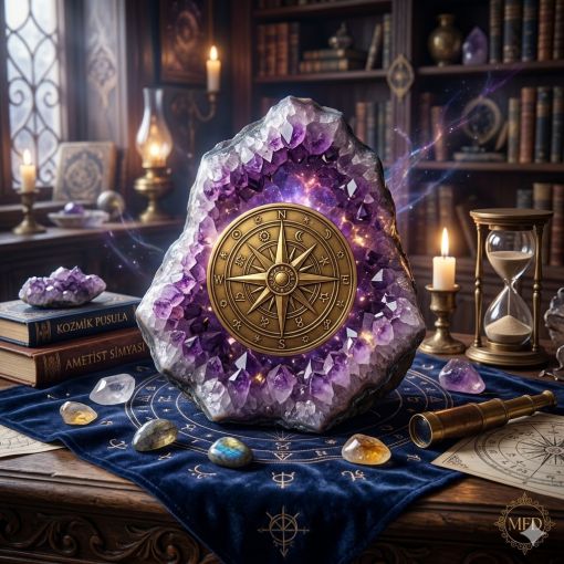 Mistik bir akademinin mum ışığıyla aydınlanan kütüphanesinde, derin lacivert kadife bir örtü üzerinde yükselen devasa bir Ametist kristali odağa alınmış sanatsal bir dijital çalışma. Kristalin merkezine, üzerinde ezoterik semboller bulunan antik, altın bir kozmik pusula yerleştirilmiştir. Kristalden yayılan mor ve mavi enerjiler havada süzülürken, arka planda parlayan kum saati, antik kitaplar ve pirinç bir teleskop derinlik algısı yaratmaktadır. Sahnenin tamamı lüks altın ve derin lacivert tonlarıyla bezeli, sinematik bir ışıklandırmaya sahiptir ve sağ alt köşede zarif bir MFD sembolü bulunur.