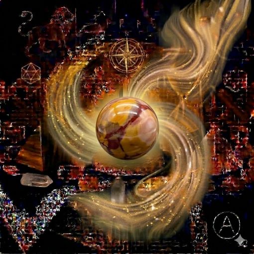  Kadim, oyma desenli koyu ahşap bir masanın üzerinde, altın işlemeli derin lacivert kadife bir örtünün tam ortasında duran, Mokait (Mookite / Avustralya Jasper) kristalinden yapılmış, karakteristik hardal sarısı, bordo, bordo kırmızı, krem beyazı, kahverengi ve soluk pembe tonlarında karmaşık, katmanlı, bulut benzeri ve opal-benzeri doğal desenler barındıran, opak, pürüzsüz ve zengin mat parlaklığa sahip 'Vitalite Küresi'. Kürenin sıcak çöl renkli gövdesinden yükselen, mistik bir tütsü dumanı gibi zarifçe kıvrılan toprak rengi, hardal sarısı, sıcak kehribar ve çok hafif bakır rengi mistik enerji hüzmeleri, hemen arkasındaki antik cam kumsaatiyle bütünleşiyor. Kumsaatinin içinden akan altın yaldızlı kumlar, bu kadim toprak bilgeliği, topraklanma ve yaşam gücünü temsil eden güçlü akışla sarmalanmış. Masanın solunda şeffaf kristal kuvars piramitleri ve altın parıltılı kaplan gözü kütleleri, sağında ise ham ametist parçaları dağınık bir mistik kompozisyon oluşturuyor. Sol üst köşede parıldayan altın bir Aslan burcu sembolü ve arka planda altın yıldız haritaları kozmik bir atmosfer yaratıyor. Sağ alt köşede, zarif bir altın stant üzerinde duran bu özel Mokait küresinin önünde dairesel, minimalist, zarif bir dijital AI sanat imza sembolü (A) ve markanın lüks estetiği entegre edilmiş. Görsel, profesyonel sinematik ışıklandırma ve derin bokeh efekti ile mistik, sıcak, enerjik ve sofistike bir 'yaşayan tablo' atmosferine sahip, 1024x1024 kare formatında bir dijital sanat çalışması. Bu görsel, 'Mistik Zaman Masası: Mokait Toprak Ana Bilgeliği'nin imza eseridir.