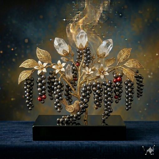  Mistik Sanat Mimarı tasarımı: Saf kristal kuvars kümesi üzerinde yükselen, antik ve bükümlü gövdesinden kehribar rengi şeffaf reçine damlaları (buhur gözyaşları) süzülen saf altından Günlük (Frankincense) ağacı heykeli; kare (1:1) derin lacivert obsidyen kaide üzerinde parlayan, ruhsal arınmayı, kutsal korunmayı ve antik bilgeliği temsil eden lüks dijital sanat eseri.