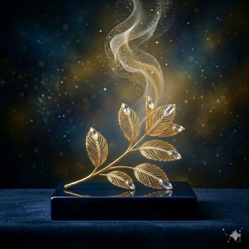  Lüks mistik estetikle yorumlanmış Nane sembolü; altın filigran işçilikli yapraklar ve kristal uçlarla form kazanmış, karanlık lacivert zemin üzerinde yükselen, zihinsel açıklığı ve tazelenmeyi temsil eden dijital sanat eseri.