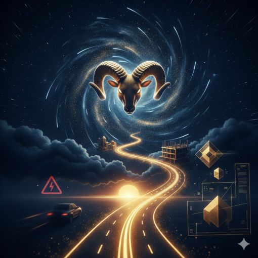  Derin lacivert bir kozmik gökyüzünde, parlayan altın ışıklardan oluşan spiral bir galaksinin merkezinde yükselen görkemli Koç sembolü; ufuktan gelen altın sarısı bir yolun hız ve enerji akışını temsil ettiği, minimalist ve lüks bir astrolojik navigasyon sahnesi.