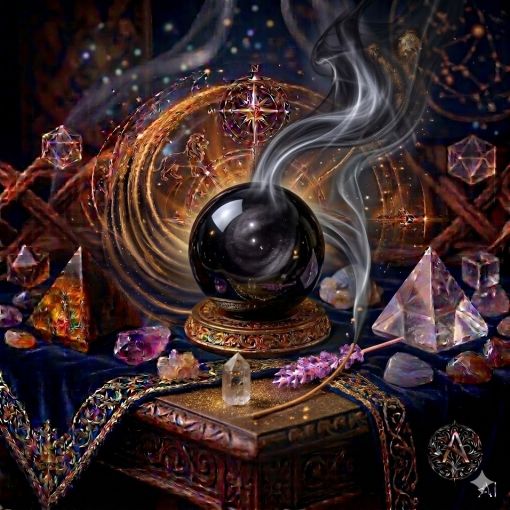  Kadim, oyma desenli koyu ahşap bir masanın üzerinde, altın işlemeli derin lacivert kadife bir örtünün tam ortasında duran, ayna gibi pürüzsüz ve jet siyahı yüzeye sahip, üzerinde dairesel gölgeli yansımalar ve hafif metalik gümüşi hareler barındıran sedefli bir Obsidyen (Obsidian) gece küresi. Obsidyen küresinin güçlü ve opak yapısından, mistik bir tütsü dumanı gibi zarifçe kıvrılan soft dumanlı siyah, gümüşi gri ve şeffaf bir sis bulutu yükselerek hemen arkasındaki antik kumsaatiyle bütünleşiyor. Kumsaatinin içinden akan altın yaldızlı kumlar, bu koruyucu ve dingin siyah enerji akışıyla sarmalanmış. Masanın solunda şeffaf kristal kuvars piramitleri ve ham kaplan gözü kütleleri, sağında ise ham ametist ve kuvars parçaları dağınık bir mistik kompozisyon oluşturuyor. Arka planda tüten mistik tütsüler, parıldayan altın yıldız haritası detayları, astrolojik semboller ve karmaşık geometrik enerji desenleriyle bütünleşerek kozmik bir atmosfer yaratıyor. Sağ alt köşede, zarif bir altın stant üzerinde duran bu özel Obsidyen küresinin önünde dairesel, minimalist, zarif bir dijital AI sanat imza sembolü (A) ve markanın lüks estetiği entegre edilmiş. Görsel, profesyonel sinematik ışıklandırma ve derin bokeh efekti ile mistik ve sofistike bir 'yaşayan tablo' atmosferine sahip, 1024x1024 kare formatında bir dijital sanat çalışması. Bu görsel, 'Mistik Zaman Masası: Obsidyen Ruhu'nun imza eseridir.
