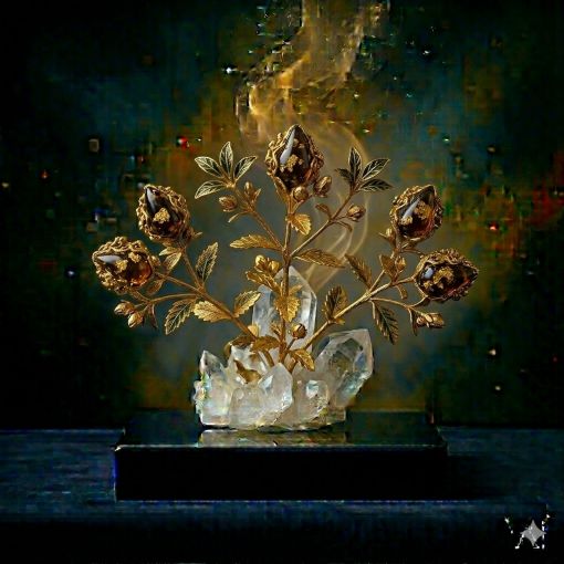  Mistik Sanat Mimarı tasarımı: Saf kristal kuvars kümesi üzerinde yükselen, boğumlu ve antik görünümlü altın gövdesinden süzülen karakteristik koyu renkli agarwood (Oud) reçine damlalarıyla altın filigran Öd Ağacı heykeli; derin lacivert kaide üzerinde parlayan, antik bilgeliği, mutlak derinliği, şifayı ve en ağır meditasyonu temsil eden lüks dijital sanat eseri.