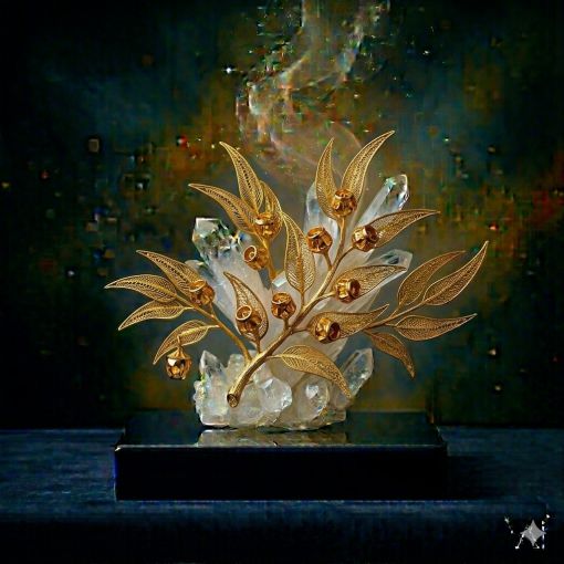  Mistik Sanat Mimarı tasarımı: Saf kristal kuvars kümesi üzerinde yükselen, ok ucu formunda uzun altın filigran yaprakları ve küçük altın tohum kapsülleriyle işlenmiş Okaliptüs (Eucalyptus) heykeli; derin lacivert kaide üzerinde parlayan, zihinsel berraklığı, ferahlığı ve spiritüel arınmayı temsil eden lüks dijital sanat eseri.