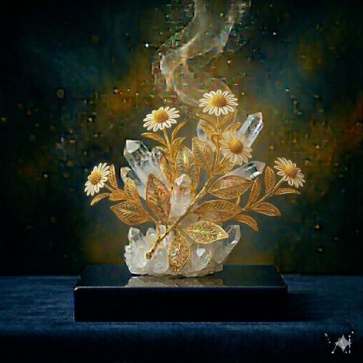  Mistik Sanat Mimarı tasarımı: Saf kristal kuvars kümesi üzerinde yükselen, narin beyaz taç yaprakları ve altın filigran merkezleriyle Matricaria (Tıbbi Papatya) heykeli; derin lacivert kaide üzerinde parlayan, narin parçalı altın yaprakları ve üzerinden yükselen büyülü altın dumanıyla içsel huzur, masumiyet ve güneşin şifasını temsil eden lüks dijital sanat eseri.