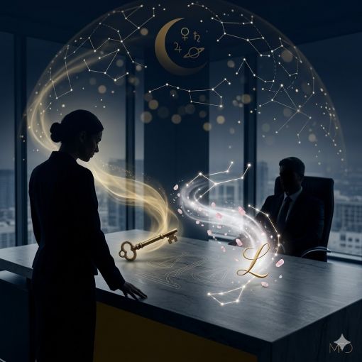 İş yeri patronuna aşık bekar bir kadının, duygularının patronuna mı yoksa patronunun gücüne mi yönelik olduğunu sorgulamasını anlatan mistik ve sembolik bir görsel. Minimalist ve lüks bir ofis ortamında, masada oturan bir patron figürünün üzerinde, gücü temsil eden büyük bir altın anahtar ve aşkı temsil eden, Rider-Waite sembolizminden ilham alan parlayan bir terazi simgesi yer alıyor. Masadaki parlayan 'L' harfi (Love/Aşk) ve havada süzülen parlayan, zarif bir key (anahtar) sembolü, kadının içsel sorgulamasını vurguluyor. Görselin arkasında, derin lacivert gökyüzü, takımyıldızları, hilal ay ve Saturn gibi gezegenlerin yer aldığı kozmik bir gök kubbe var. Lüks derin lacivert ve koyu altın renk paletiyle oluşturulan, sofistike bir dijital sanat eseri.