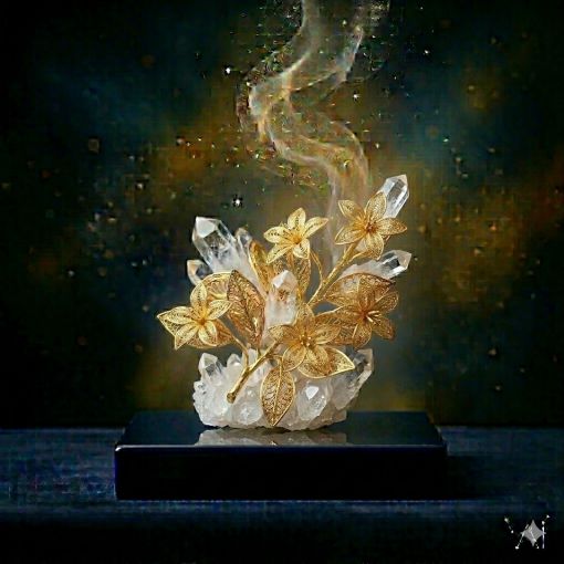  Altın kaplama Pelin Otu dekoratif obje, kristal kuvars kümesi üzerinde spiritüel vizyon tasarımı, mistik lacivert ve altın renk paleti, 1024x1024 kare dijital sanat görseli.