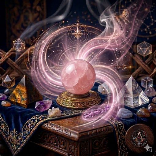  Kadim, oyma desenli koyu ahşap bir masanın üzerinde, altın işlemeli derin lacivert kadife bir örtünün tam ortasında duran, yumuşak pembe tonlarında, yarı saydam ve pürüzsüz yüzeyli parlatılmış mistik bir Pembe Kuvars (Rose Quartz) doğaltaşı küresi. Pembe Kuvars küresinin sevecen ve şefkatli iç yapısından, mistik ve dumanlı gül pembesi ve soft beyaz enerji hüzmesi yükselerek hemen arkasındaki antik kumsaatiyle bütünleşiyor. Kumsaatinin içinden akan altın yaldızlı kumlar, dumanlı enerjiyle sarmalanmış. Masanın solunda şeffaf kristal kuvars piramitleri ve raw (ham) Kaplan Gözü kristal kütleleri, sağında Faceted (yontulmuş) Agat taşları ve Ametist kristalleri dağınık bir mistik kompozisyon oluşturuyor. Arka planda tüten mistik tütsülerden yükselen dumanlar, parıldayan altın yıldız haritası detayları, astrolojik semboller ve karmaşık geometrik enerji desenleriyle bütünleşerek kozmik bir atmosfer yaratıyor. Sağ alt köşede, zarif bir altın stant üzerinde duran parlatılmış Pembe Kuvars küresinin önünde dairesel, minimalist, zarif bir dijital AI sanat imza sembolü (A) ve markanın lüks estetiği entegre edilmiş. Görsel, profesyonel, sinematik ışıklandırma ve derin bokeh efekti ile mistik ve sofistike bir 'yaşayan tablo' atmosferine sahip, 1024x1024 kare formatında bir dijital sanat çalışması. Bu görsel, 'Mistik Zaman Masası: Pembe Kuvars Serisi'nin imza eseridir.