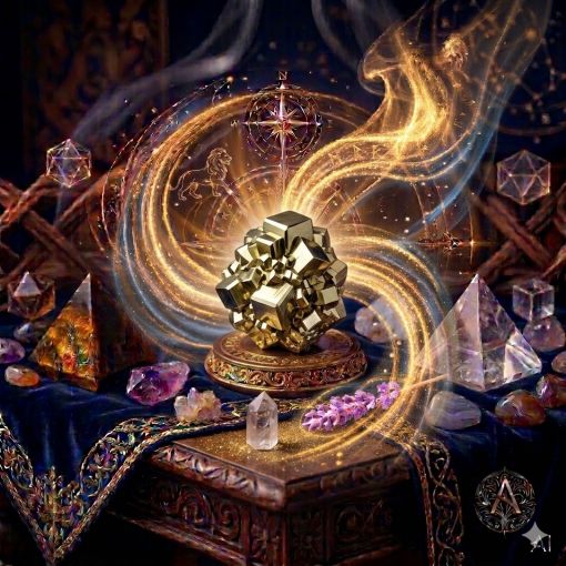  Kadim, oyma desenli koyu ahşap bir masanın üzerinde, altın işlemeli derin lacivert kadife bir örtünün tam ortasında duran, birbiri içine geçmiş geometrik kübik yüzeylere sahip, pirinç sarısı ve metalik altın tonlarında parıldayan mistik bir Pirit (Pyrite) mineral kütlesi. Pirit kütlesinin keskin hatlı, ayna gibi yansıma yapan metalik yapısından, mistik ve dumanlı parlak altın yaldız, bronz ve kehribar rengi bir enerji hüzmesi yükselerek hemen arkasındaki antik kumsaatiyle bütünleşiyor. Kumsaatinin içinden akan altın yaldızlı kumlar, bu güçlü ve ışıltılı metalik enerji akışıyla sarmalanmış. Masanın solunda şeffaf kristal kuvars piramitleri ve ham Kaplan Gözü kütleleri, sağında ham Ametist kristal kümeleri ve Agat taşları dağınık bir mistik kompozisyon oluşturuyor. Arka planda tüten mistik tütsülerden yükselen dumanlar, parıldayan altın yıldız haritası detayları, astrolojik semboller ve karmaşık geometrik enerji desenleriyle bütünleşerek kozmik bir atmosfer yaratıyor. Sağ alt köşede, zarif bir altın stant üzerinde duran Pirit kütlesinin önünde dairesel, minimalist, zarif bir dijital AI sanat imza sembolü (A) ve markanın lüks estetiği entegre edilmiş. Görsel, profesyonel sinematik ışıklandırma ve derin bokeh efekti ile mistik ve sofistike bir 'yaşayan tablo' atmosferine sahip, 1024x1024 kare formatında bir dijital sanat çalışması. Bu görsel, 'Mistik Zaman Masası: Pirit Serisi'nin imza eseridir.