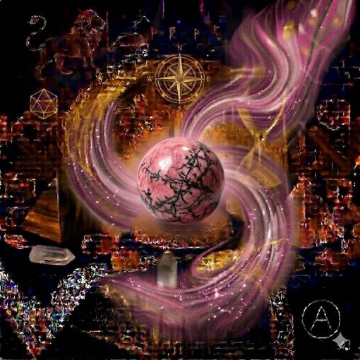  Kadim, oyma desenli koyu ahşap bir masanın üzerinde, altın işlemeli derin lacivert kadife bir örtünün tam ortasında duran, Rodonit (Rhodonite) kristalinden yapılmış, karakteristik gül pembesi, ahududu ve pudra pembesi zemin üzerine ağsı siyah manganez damarları barındıran, opak, pürüzsüz ve sıcak bir 'Şefkat Küresi'. Kürenin yumuşak pembe gövdesinden yükselen, mistik bir tütsü dumanı gibi zarifçe kıvrılan ipeksi pembe, pudra rengi ve dumanlı gümüşi mistik enerji hüzmeleri, hemen arkasındaki antik cam kumsaatiyle bütünleşiyor. Kumsaatinin içinden akan altın yaldızlı kumlar, bu duygusal denge, özsevgi ve kalbi onaran şefkatli akışla sarmalanmış. Masanın solunda şeffaf kristal kuvars piramitleri ve altın parıltılı kaplan gözü kütleleri, sağında ise ham ametist parçaları dağınık bir mistik kompozisyon oluşturuyor. Sol üst köşede parıldayan altın bir Aslan burcu sembolü ve arka planda altın yıldız haritaları kozmik bir atmosfer yaratıyor. Sağ alt köşede, zarif bir altın stant üzerinde duran bu özel Rodonit küresinin önünde dairesel, minimalist, zarif bir dijital AI sanat imza sembolü (A) ve markanın lüks estetiği entegre edilmiş. Görsel, profesyonel sinematik ışıklandırma ve derin bokeh efekti ile mistik ve sofistike bir 'yaşayan tablo' atmosferine sahip, 1024x1024 kare formatında bir dijital sanat çalışması. Bu görsel, 'Mistik Zaman Masası: Rodonit Şifası'nın imza eseridir.