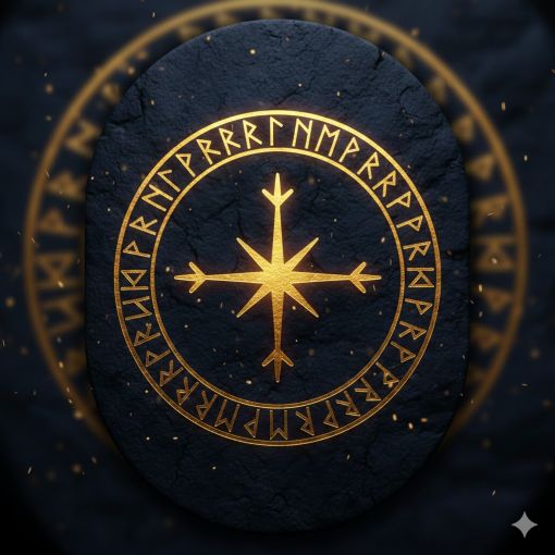  Derin lacivert dokulu taş zemin üzerinde, parlayan altın rengi antik Viking Vegvísir pusulası ve Futhark rün alfabesi çerçeveli mistik rün taşı tasarımı, lüks ve spiritüel dijital sanat.