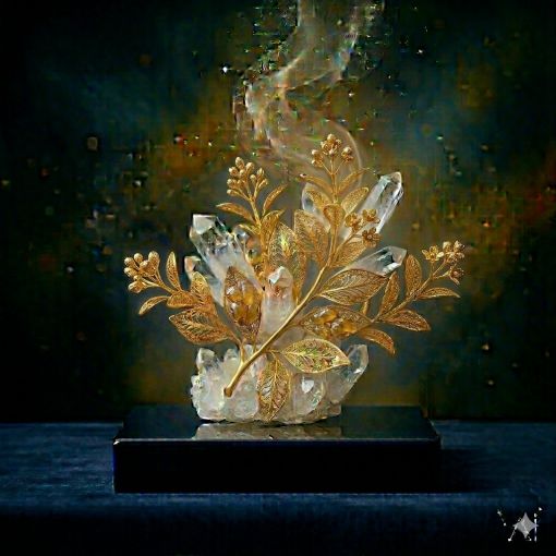  Mistik Sanat Mimarı tasarımı: Saf kristal kuvars kümesi üzerinde yükselen, asil ve pürüzsüz dokulu altın filigran Sandal Ağacı (Sandalwood) heykeli; derin lacivert kaide üzerinde parlayan, narin dalları ve üzerinden yükselen büyülü altın dumanıyla derin meditasyonu, zihin açıklığını ve kutsal topraklanmayı temsil eden lüks dijital sanat eseri.