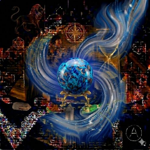  Kadim, el oyması koyu ahşap bir masanın üzerinde, altın işlemeli derin lacivert kadife bir örtünün tam ortasında duran, Şattukit (Shattuckite) kristalinden yapılmış, karakteristik canlı turkuaz mavisi, kobalt mavisi ve indigo mavisi tonlarında pleokroik (farklı açılardan farklı renkler gösteren) pürüzsüz ve opak bir 'Sezgi Küresi'. Kürenin yüzeyi, Şattukit'in o meşhur kadifemsi dokusunu ve Pleokroik (mavi, menekşe, bordo) renk geçişlerini sergiliyor. Kürenin içinden yükselen, mistik bir tütsü dumanı gibi zarifçe kıvrılan safir mavisi, lavanta moru ve gümüşi beyaz mistik enerji hüzmeleri, hemen arkasındaki antik cam kumsaatiyle bütünleşiyor. Kumsaatinin içinden akan altın yaldızlı kumlar, bu derin sezgiyi, iletişimi ve ruhsal dönüşümü temsil eden asil akışla sarmalanmış. Masanın solunda şeffaf kristal kuvars piramitleri ve altın parıltılı kaplan gözü kütleleri, sağında ise ham mineral parçaları dağınık bir mistik kompozisyon oluşturuyor. Sol üst köşede parıldayan altın bir Aslan burcu sembolü ve arka planda altın yıldız haritaları kozmik bir atmosfer yaratıyor. Sağ alt köşede, zarif bir altın stant üzerinde duran bu özel Şattukit küresinin önünde dairesel, minimalist, zarif bir dijital AI sanat imza sembolü (A) yer alıyor. Görsel, profesyonel sinematik ışıklandırma ve derin bokeh efekti ile mistik, derin sezgi yayan, asil, enerjik ve sofistike bir 'yaşayan tablo' atmosferine sahip, 1024x1024 kare formatında bir dijital sanat çalışmasıdır. Bu görsel, 'Mistik Zaman Masası: Şattukit Sezgisi'nın imza eseridir