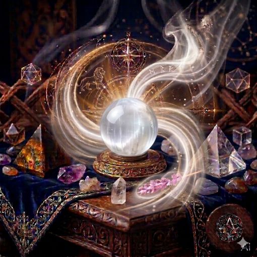  Kadim, oyma desenli koyu ahşap bir masanın üzerinde, altın işlemeli derin lacivert kadife bir örtünün tam ortasında duran, dikey lifli dokulara sahip, inci beyazı ve gümüşi tonda parlatılmış mistik bir Selenit (Selenite) kristal küresi. Selenit küresinin ipeksi ve saten parlaklığındaki yüzeyinden, mistik ve dumanlı yumuşak beyaz, buz mavisi ve gümüşi bir enerji hüzmesi yükselerek hemen arkasındaki antik kumsaatiyle bütünleşiyor. Kumsaatinin içinden akan altın yaldızlı kumlar, bu arındırıcı ve dingin enerji akışıyla sarmalanmış. Masanın solunda şeffaf kristal kuvars piramitleri ve ham Kaplan Gözü kütleleri, sağında ham Ametist kristal kümeleri ve Agat taşları dağınık bir mistik kompozisyon oluşturuyor. Arka planda tüten mistik tütsülerden yükselen dumanlar, parıldayan altın yıldız haritası detayları, astrolojik semboller ve karmaşık geometrik enerji desenleriyle bütünleşerek kozmik bir atmosfer yaratıyor. Sağ alt köşede, zarif bir altın stant üzerinde duran parlatılmış Selenit küresinin önünde dairesel, minimalist, zarif bir dijital AI sanat imza sembolü (A) ve markanın lüks estetiği entegre edilmiş. Görsel, profesyonel sinematik ışıklandırma ve derin bokeh efekti ile mistik ve sofistike bir 'yaşayan tablo' atmosferine sahip, 1024x1024 kare formatında bir dijital sanat çalışması. Bu görsel, 'Mistik Zaman Masası: Selenit Serisi'nin imza eseridir.